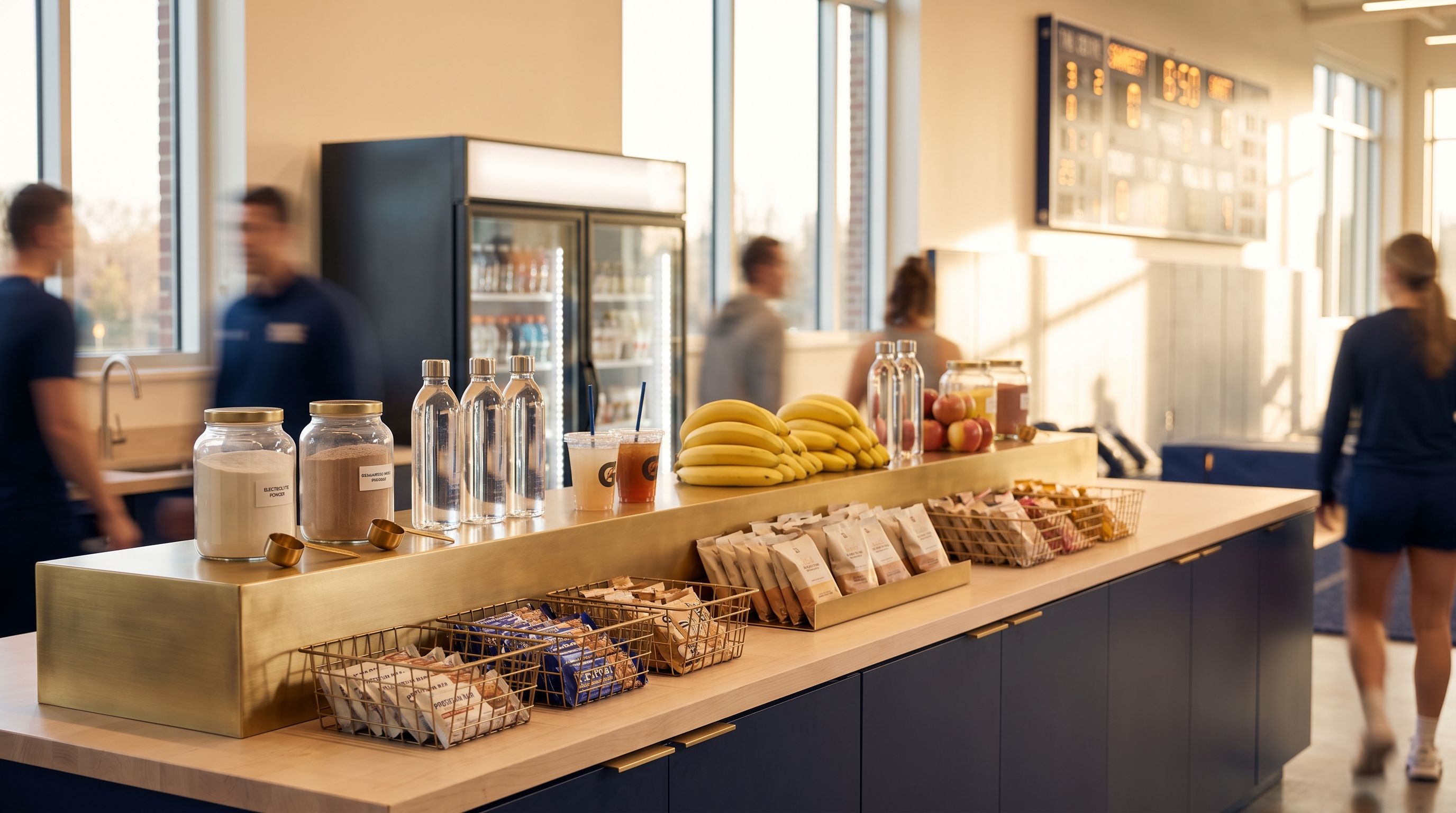 Modern collegiate athletic training-room nutrition station with neutral baskets of protein bars, recovery snacks, fresh fruit, water bottles, and a refrigerated case in the background.